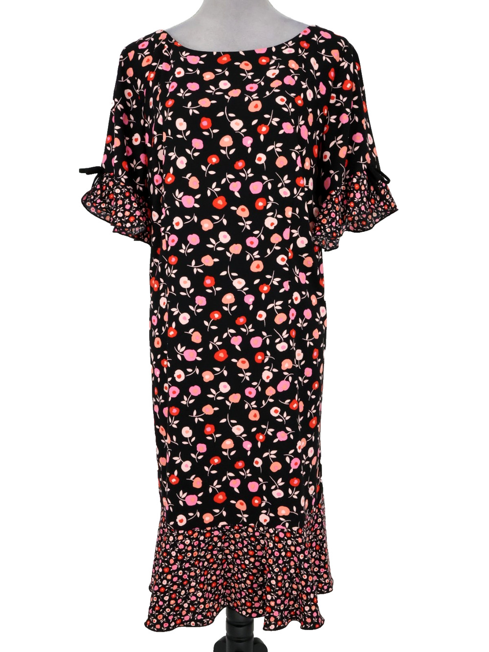 Talbots Dress Plus Size 14W Black Ditsy Floral Ruffle Hem and Sleeve Back Zip
